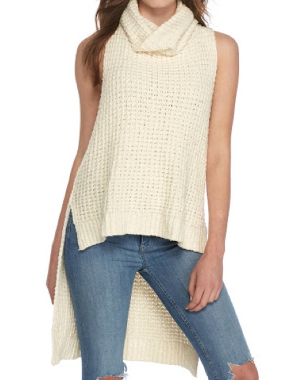 Free People Cream Sleeveless Cowl Neck High-Low Knit Sweater